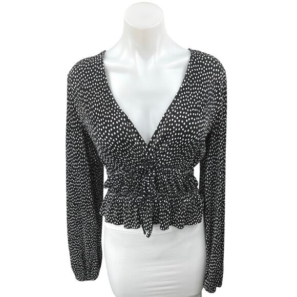 Zara Women's Black Polka Dot Pleated V-neck Long Sleeve Peplum Crop Blouse Top M - Picture 1 of 4